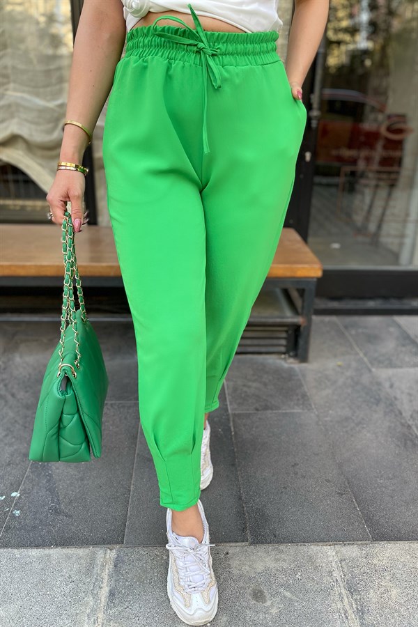 Beli Lastikli Yeşil Büzgülü Pantolon