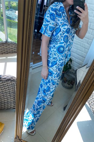 Mavi Desenli Uzun Pijama Takım