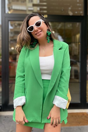Yeşil Kol Katlamlı Blazer 