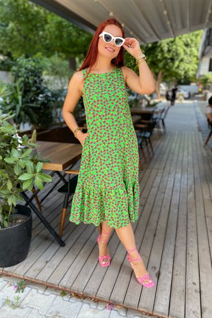 Yeşil Kolsuz Uzun Desenli Elbise
