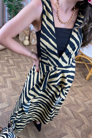 Zebra Desen Kalın Askılı Volanlı Elbise