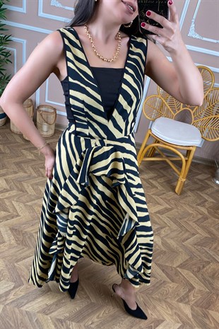 Zebra Desen Kalın Askılı Volanlı Elbise